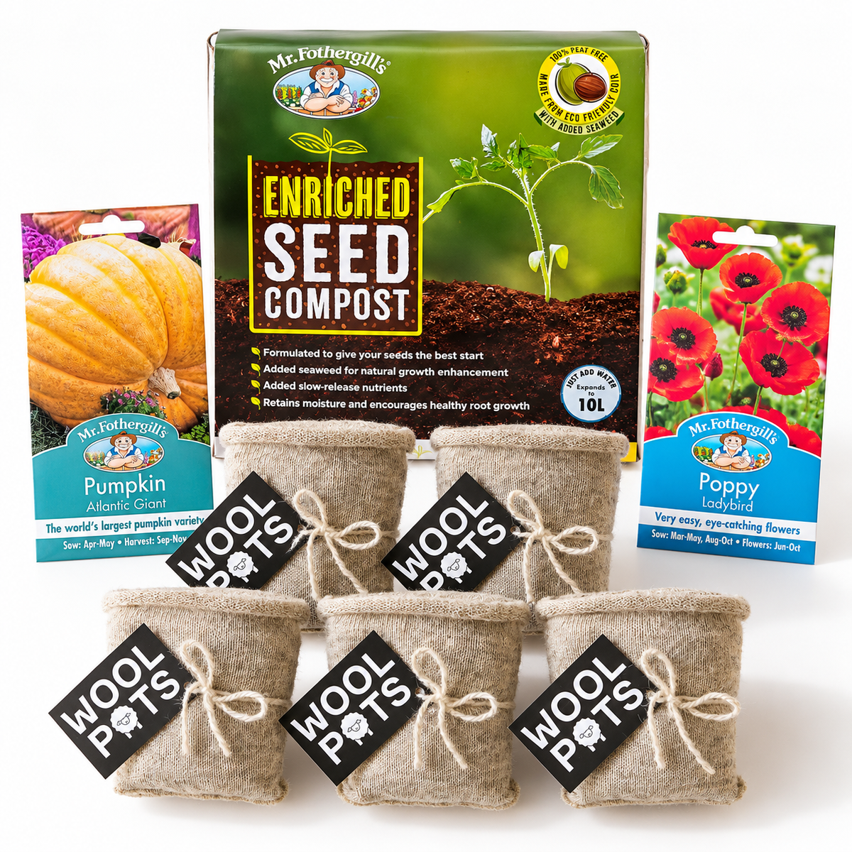 Bundle hero image	Wool Pots seed starting kit with 50 wool plant pots, peat-free compost, pumpkin and poppy seeds
