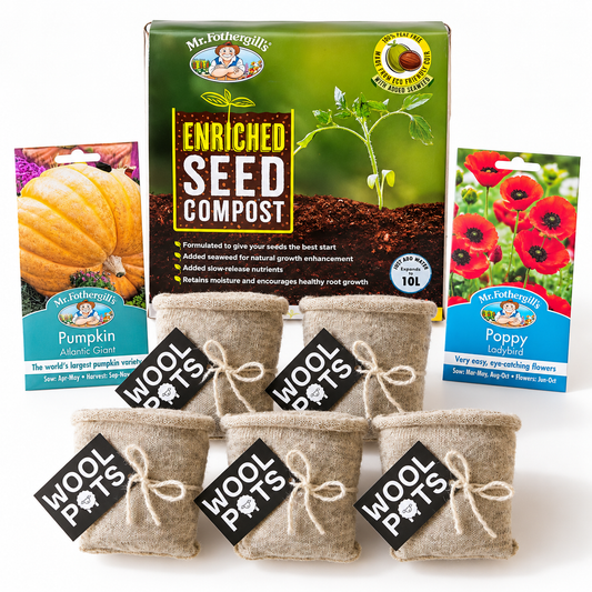 Bundle hero image	Wool Pots seed starting kit with 50 wool plant pots, peat-free compost, pumpkin and poppy seeds