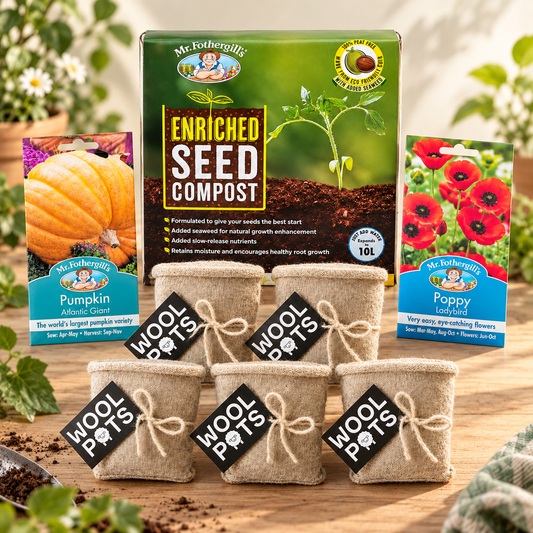 Wool Pots seed starting kit with 50 wool plant pots, peat-free compost, pumpkin and poppy seeds